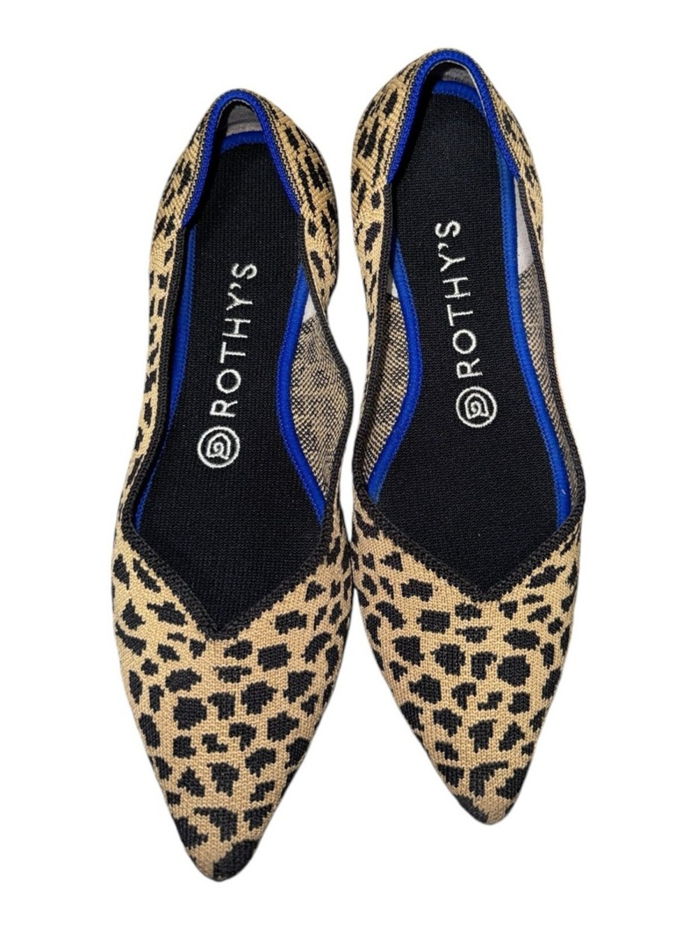 Rothy's Leopard-Print Pointed Flats in Tan and Black with Blue Trim